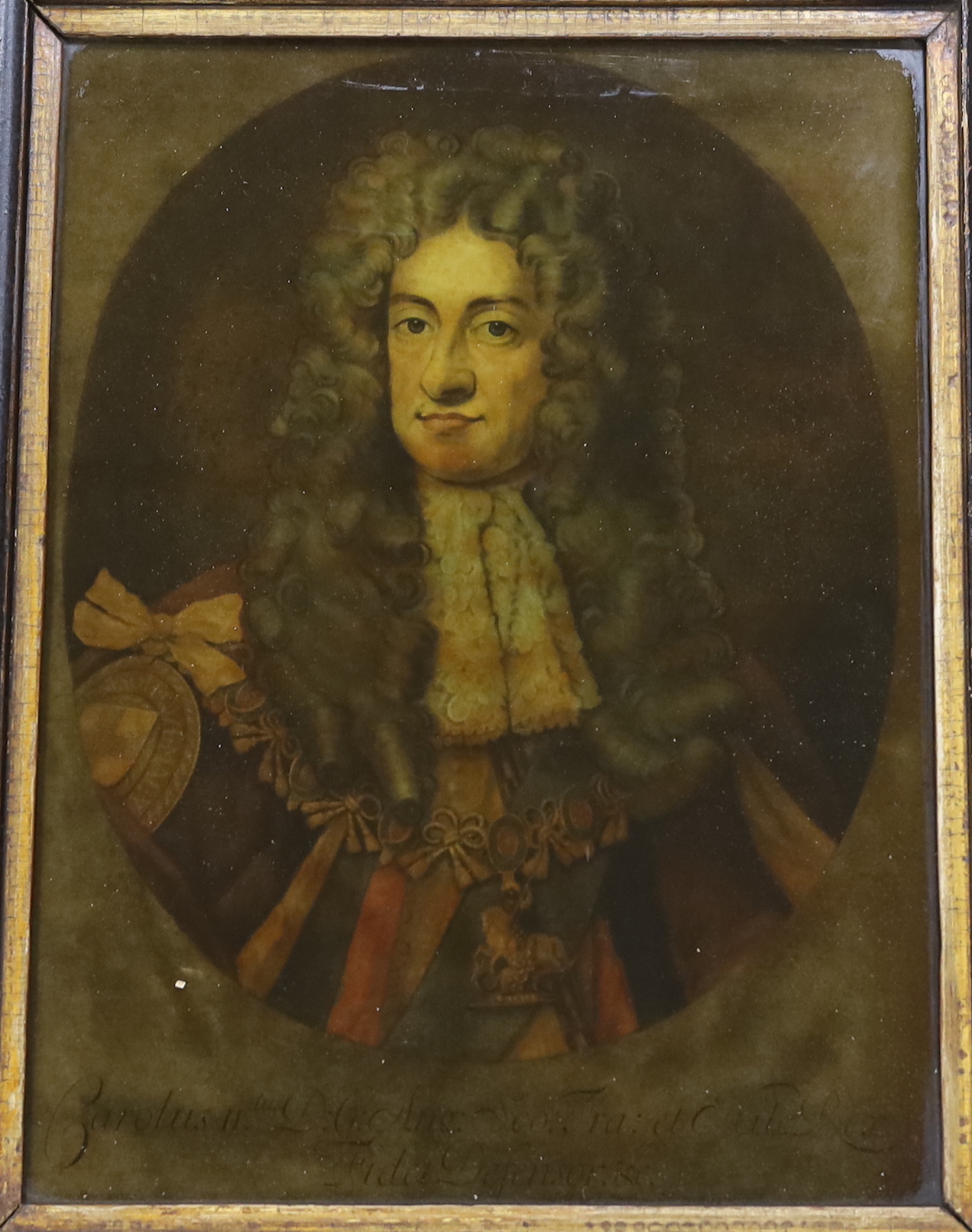 After Godfrey Kneller (1646-1723), pair of 18th century reverse glass painted prints, Charles II and James II, each sold by J. Smith, Covent Garden, 33 x 25cm, housed in original frames